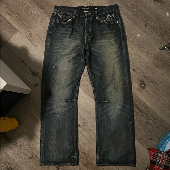 Vintage Ed Hardy Washed Denim Baggy Jeans Big Logo Back Rare Y2K rhinestone - Picture 2 of 6